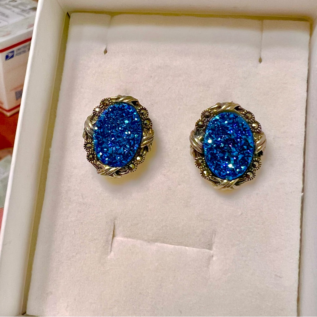 Elegant Sparkling Blue Druzy Agate Stone Earrings In Sterling Silver, Marcasite